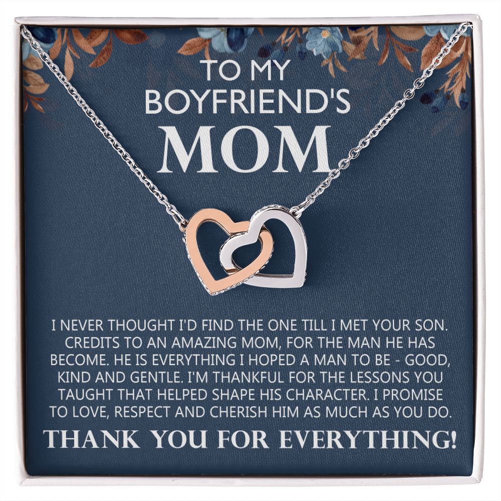 To My Boyfriend's Mom Gift Boyfriends Mom Necklace Future Mother in Law Jewelry Christmas Mothers Day Gift with Message Card Box For My Boyfriend Mother Mom Mother's Day Necklace Interlocking Hearts Necklace