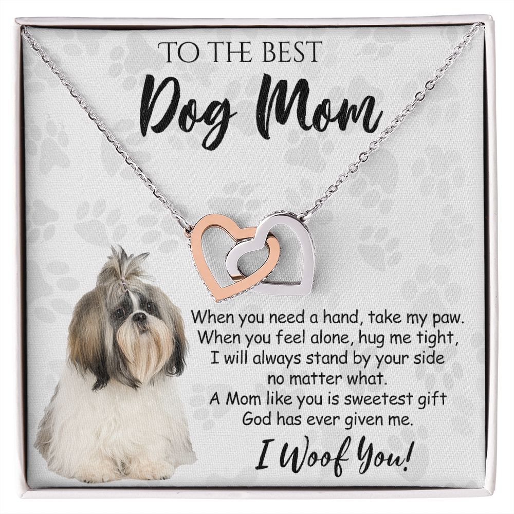 To The Best Shih Tzu Dog Mom Knot Necklace Mother's Day Gift , I Woof You Quote Gift Card, Message Card Jewelry For Dog Lovers, Necklace For Mom Interlocking Hearts Necklace