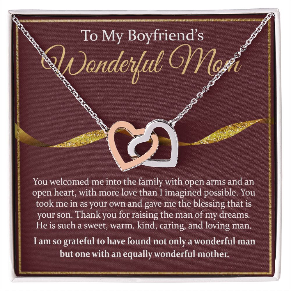 To My Boyfriend's Mom Necklace Mother in Law Jewelry Gift for Christmas Birthday Mother's Day Gift Jewelry Box and Message Card to Boyfriends Mother Gift from Girlfriend Interlocking Hearts Necklace