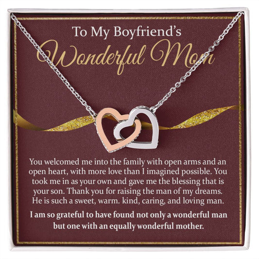 To My Boyfriend's Mom Necklace Mother in Law Jewelry Gift for Christmas Birthday Mother's Day Gift Jewelry Box and Message Card to Boyfriends Mother Gift from Girlfriend Interlocking Hearts Necklace