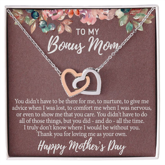 To My Bonus Mom Necklace, Gift for Bonus Mother From Bonus Daughter to Stepmom Jewelry Gift for Mother's Day, Valentine's, Birthday, Anniversary Interlocking Hearts Necklace