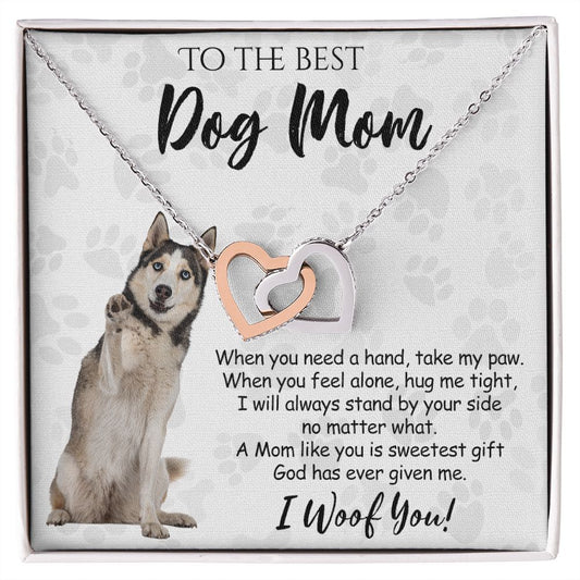 To The Best Husky Dog Mom Knot Necklace Mother's Day Gift , I Woof You Quote Gift Card, Message Card Jewelry For Dog Lovers, Necklace For Mom Interlocking Hearts Necklace