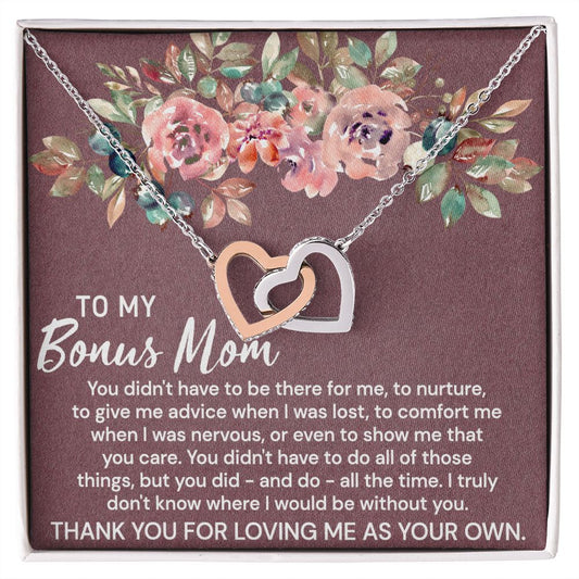 To My Bonus Mom Necklace Jewelry Gift, Birthday Gift, Mother's Day Gift For Bonus Mom, Bonus Mom Meaningful Message Card Gift Necklace Interlocking Hearts Necklace