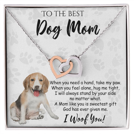 To The Best Beagle Dog Mom Knot Necklace Mother's Day Gift , I Woof You Quote Gift Card, Message Card Jewelry For Dog Lovers, Necklace For Mom Interlocking Hearts Necklace