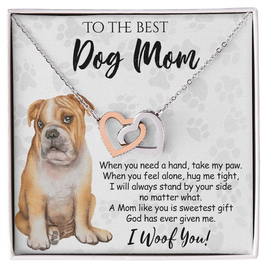 To The Best BullDog Mom Knot Necklace Mother's Day Gift , I Woof You Gift Card, Message Card Jewelry For Dog Lovers, Necklace For Mom Interlocking Hearts Necklace