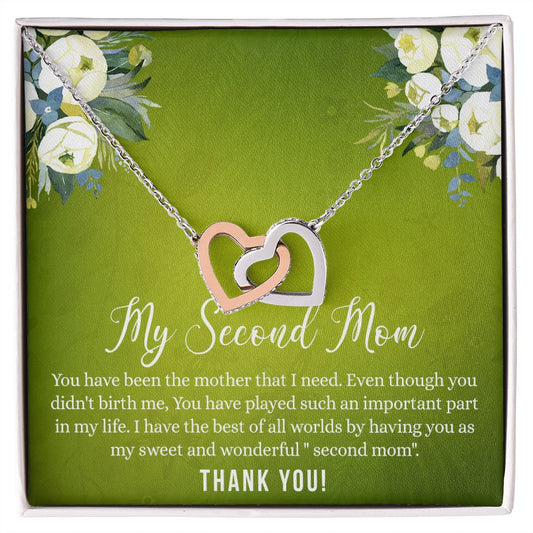 Second Mom Gift Necklace for Stepmother, Mother in Law, Unbiological Mother Mothers Day Gift Card Boyfriend’s Mother Gift for Second Mom Necklace for Women To My Second Mom Gift Interlocking Hearts Necklace