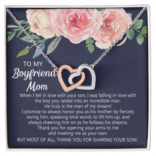 Personalized Gift for Boyfriends Mom, Boyfriends Mom Gift, Message Card Jewelry, To My Boyfriend's Mom Necklace with Message Card, Birthday Mother's Day Necklace for Boyfriend Mother Interlocking Hearts Necklace