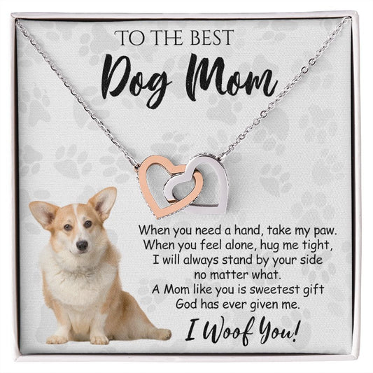 To The Best Corgi Dog Mom Knot Necklace Mother's Day Gift , I Woof You Quote Gift Card, Message Card Jewelry For Dog Lovers, Necklace For Mom Interlocking Hearts Necklace