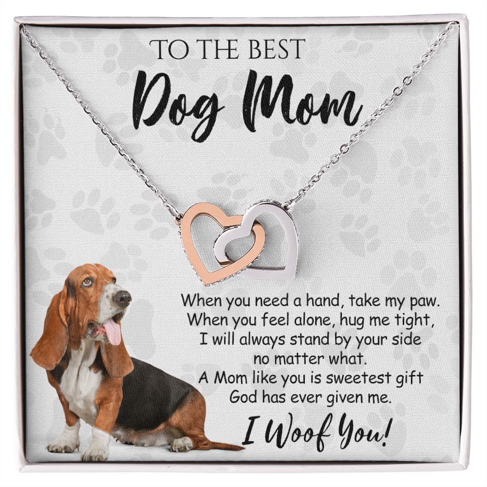 To The Best Basset Hound Dog Mom Knot Necklace Mother's Day Gift , I Woof You Quote Gift Card, Message Card Jewelry For Dog Lovers, Necklace For Mom Interlocking Hearts Necklace