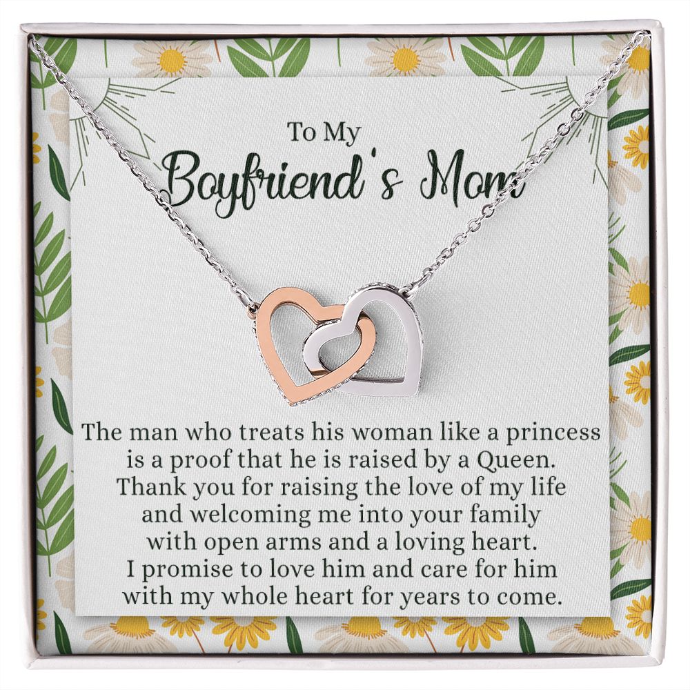 To My Boyfriend's Mom Necklace with Message Card Box, Boyfriends Mom Gift Necklace for Boyfriends Mom Mother Girlfriends to Boyfriend Mom Gift for Mom of Boyfriend Custom Message Card Interlocking Hearts Necklace