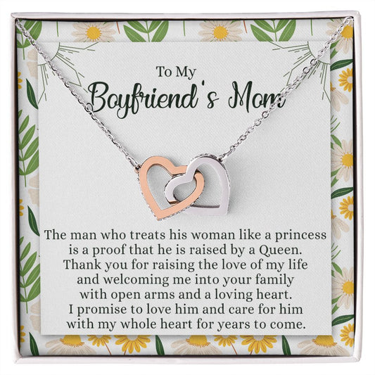 To My Boyfriend's Mom Necklace with Message Card Box, Boyfriends Mom Gift Necklace for Boyfriends Mom Mother Girlfriends to Boyfriend Mom Gift for Mom of Boyfriend Custom Message Card Interlocking Hearts Necklace