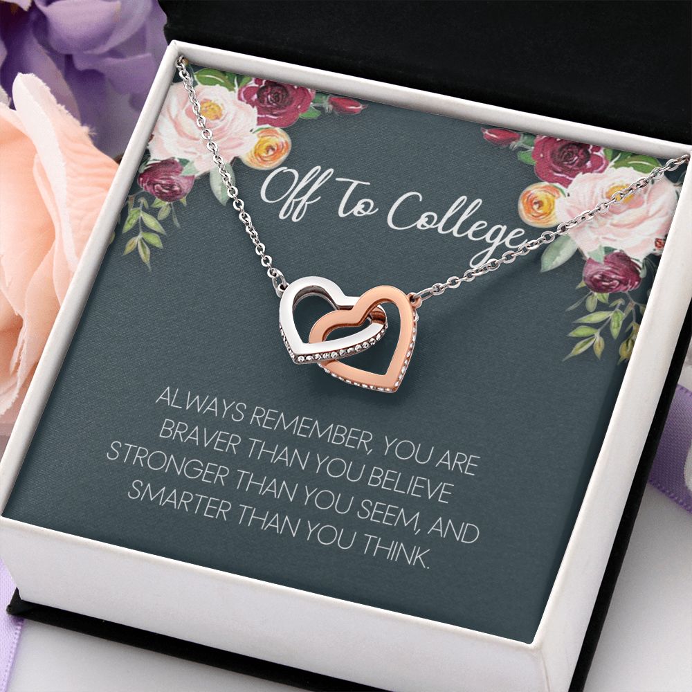 Off To College Necklace, Graduation Gifts For for Girl Congrats Graduation Pendants Gift For Daughter, Granddaughter, Niece, Sister Interlocking Hearts Necklace