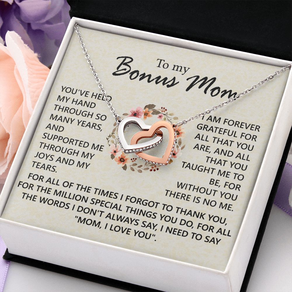 Bonus Mom Jewelry Gift for Stepmom, Foster Mom - Featuring Necklace With Meaningful Message Card & Gift Box for Birthday, Mother's Day Necklace for Bonus Mom Interlocking Hearts Necklace