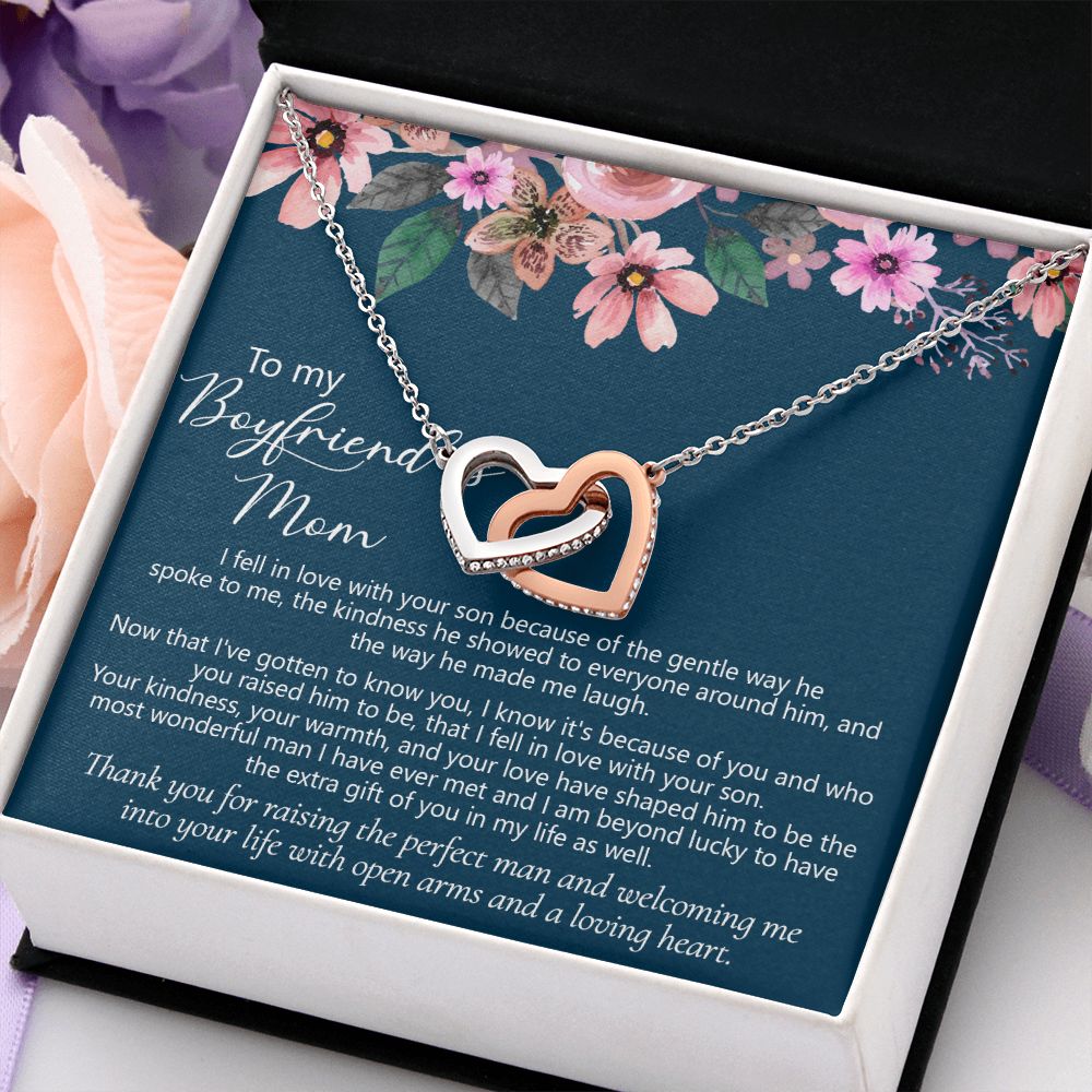 To My Boyfriend's Mom Gift Boyfriend Mother Solid Gold Necklace for Christmas Birthday Mother's Day, Message Card to Mother in Law Interlocking Hearts Necklace