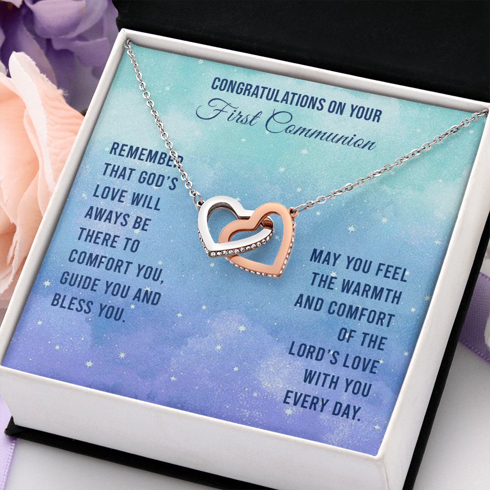 First Communion - Remember that God’s love will Interlocking Hearts Necklace