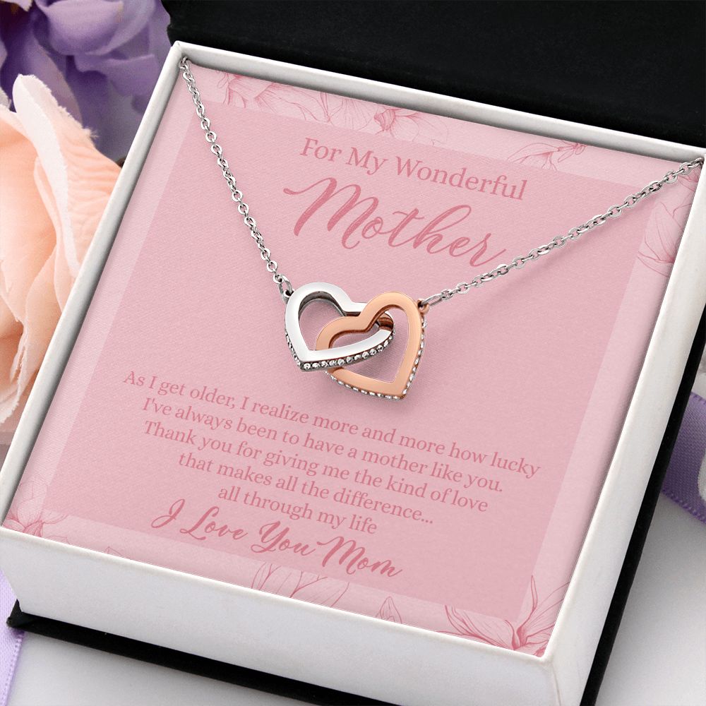 To My Wonderful Mother Necklace Message Card, Gift Box for Mom Birthday Gift From Daughter Mothers Day Necklace for Mom Gift From Daughter Mom Gifts For Wedding Mom Thank You Gift For Mom Interlocking Hearts Necklace