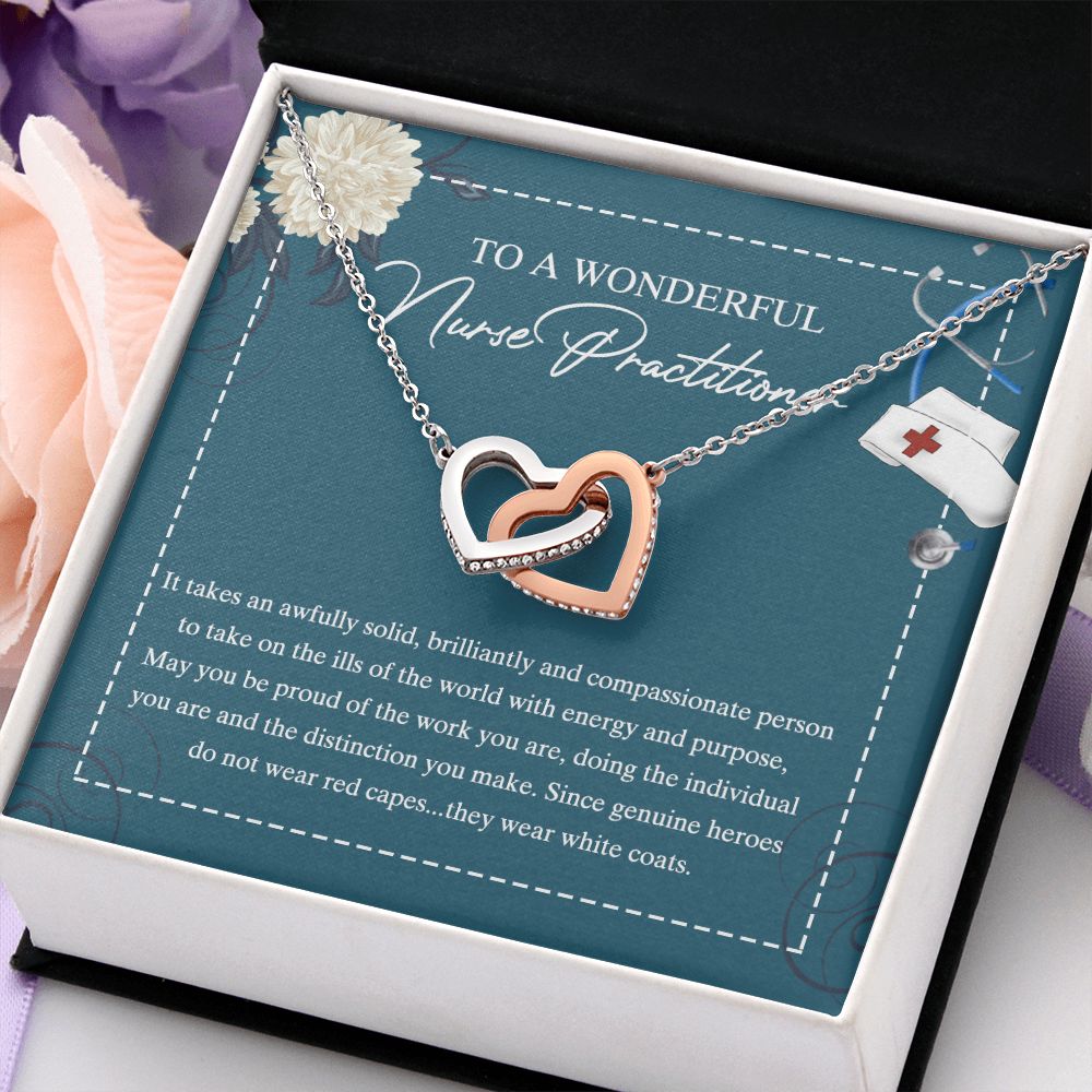 To My Nurse Practitioner Necklace with Box Message Card, Gift For Nurse Jewelry Congrats Graduation Pendants Gift For Daughter, Granddaughter, Niece, Sister Interlocking Hearts Necklace