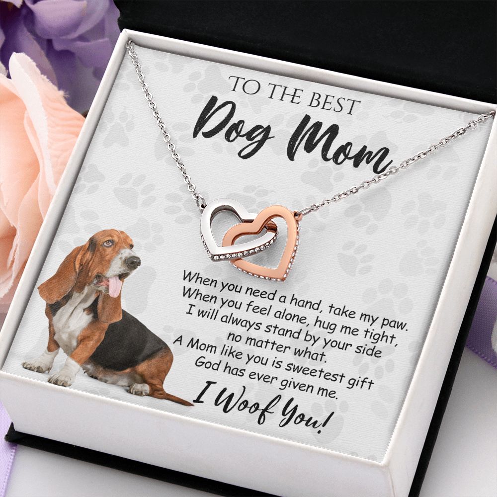 To The Best Basset Hound Dog Mom Knot Necklace Mother's Day Gift , I Woof You Quote Gift Card, Message Card Jewelry For Dog Lovers, Necklace For Mom Interlocking Hearts Necklace
