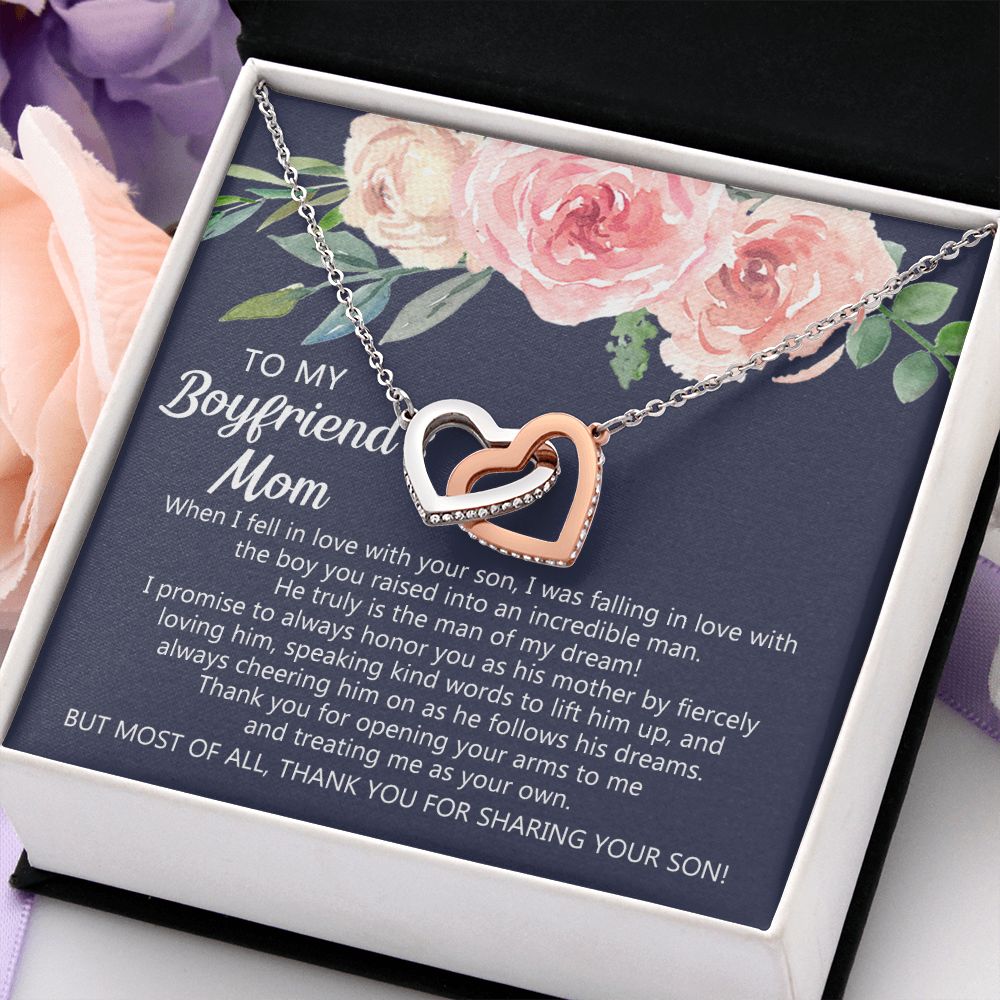 Personalized Gift for Boyfriends Mom, Boyfriends Mom Gift, Message Card Jewelry, To My Boyfriend's Mom Necklace with Message Card, Birthday Mother's Day Necklace for Boyfriend Mother Interlocking Hearts Necklace