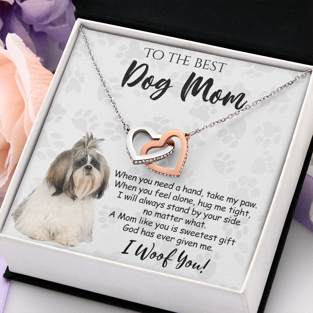 To The Best Shih Tzu Dog Mom Knot Necklace Mother's Day Gift , I Woof You Quote Gift Card, Message Card Jewelry For Dog Lovers, Necklace For Mom Interlocking Hearts Necklace