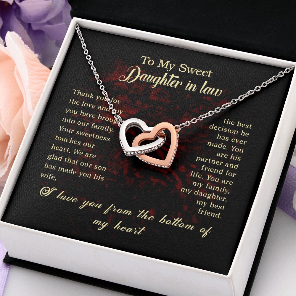 To my Daughter In Law Necklace Pendant Thank You For The Love And Joy With Message Card Gift Box Gift For To Daughter, Daughter In Law On Birthday Anniversary Gift Interlocking Hearts Necklace
