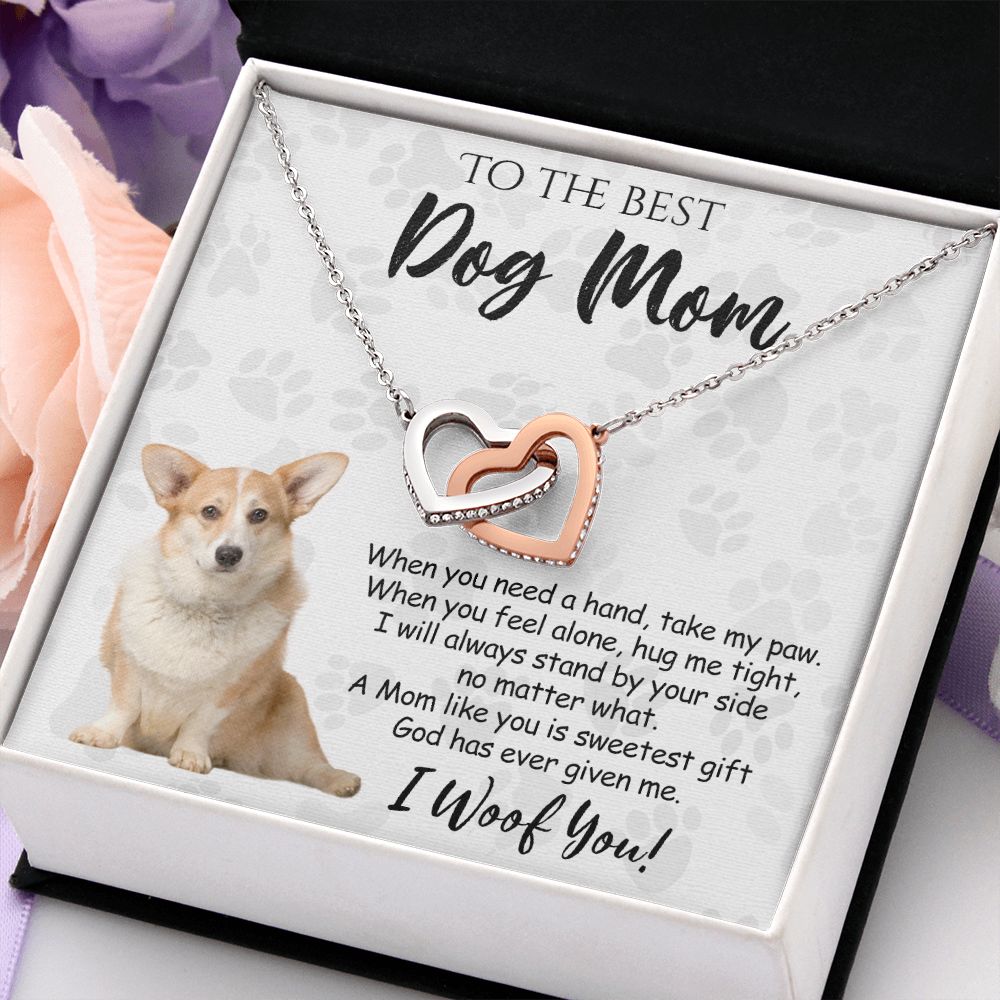 To The Best Corgi Dog Mom Knot Necklace Mother's Day Gift , I Woof You Quote Gift Card, Message Card Jewelry For Dog Lovers, Necklace For Mom Interlocking Hearts Necklace