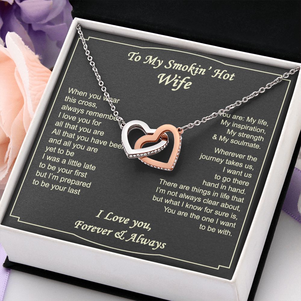 To My Smokin Hot Wife Necklace, Wedding Anniversary Jewelry For Women, Necklace For Wife from Husband, Gifts For Wife Birthday Gifts Necklace, Jewelry With Message Card In A Gift Box2 Interlocking Hearts Necklace