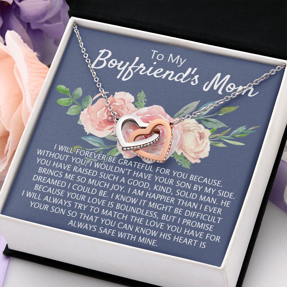 To My Boyfriend's Mom Necklace Pendant Jewelry Gift for Boyfriend's Mom on Mothers Day Birthday Present Jewelry Gift Box for Boyfriend's Mom Gift Personalized Custom Necklace for Women Interlocking Hearts Necklace