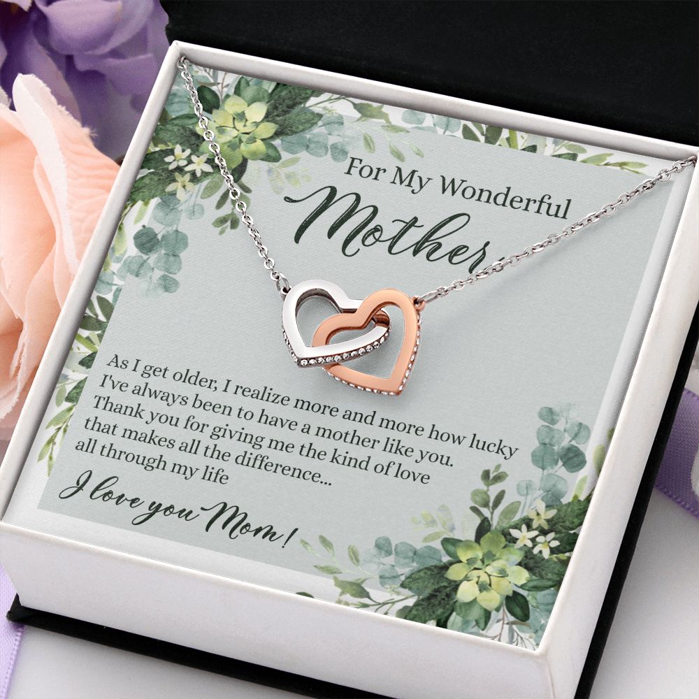 To My Wonderful Mother Necklace Message Card, Gift Box for Mom Birthday Gift From Daughter Mothers Day Necklace for Mom Gift From Daughter Mom Gifts For Mom Thank You Gift For Mom Interlocking Hearts Necklace