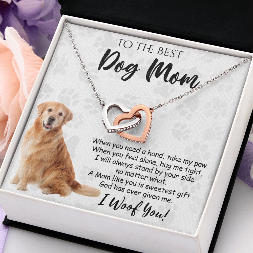 To The Best Golden Retriever Dog Mom Knot Necklace Mother's Day Gift , I Woof You Quote Gift Card, Message Card Jewelry For Dog Lovers, Necklace For Mom Interlocking Hearts Necklace