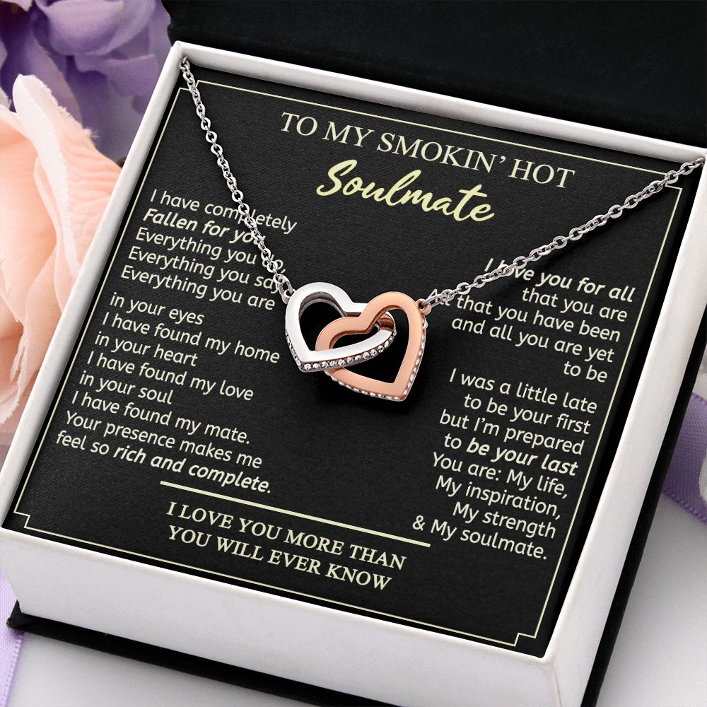 To My Smokin Hot Soulmate Necklace - Wife Gifts From Husband To My Wife Necklace, Gift for Her Romantic, Girlfriend Gifts Necklace for Wife from Men Includes Message Card and Gift Box 2 Interlocking Hearts Necklace