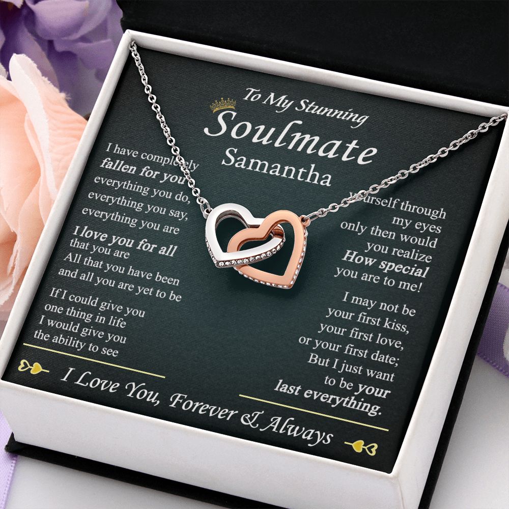 To My Soulmate Necklace for Women Birthday Valentines Day Jewelry Gifts For My Wife with Message Card Box Personalized Gift Present Pendant for Future Wife Soulmate Girlfriend Love 1 Interlocking Hearts Necklace