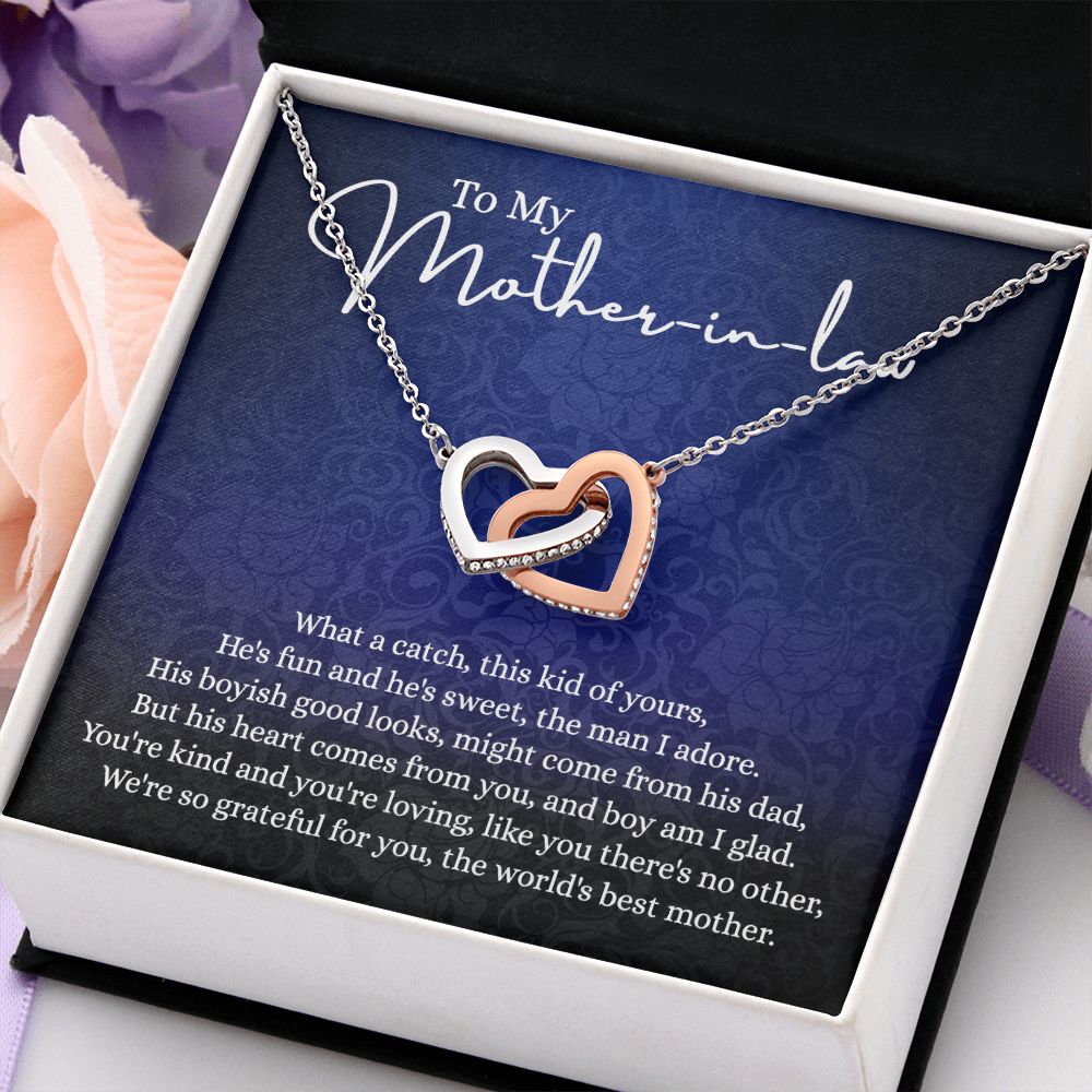 To My Mother in Law Necklace, Gift for Mother in Law Jewelry Box, Gift Card, Necklace for Mother in Law Jewelry Gift to My Mother-in-law on Wedding Day Mother's day gift for Mother in Law Interlocking Hearts Necklace