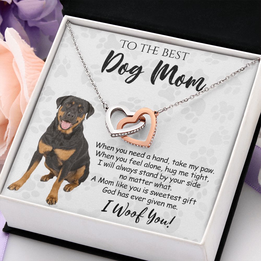 To The Best Rottweiler Dog Mom Knot Necklace Mother's Day Gift , I Woof You Quote Gift Card, Message Card Jewelry For Dog Lovers, Necklace For Mom Interlocking Hearts Necklace
