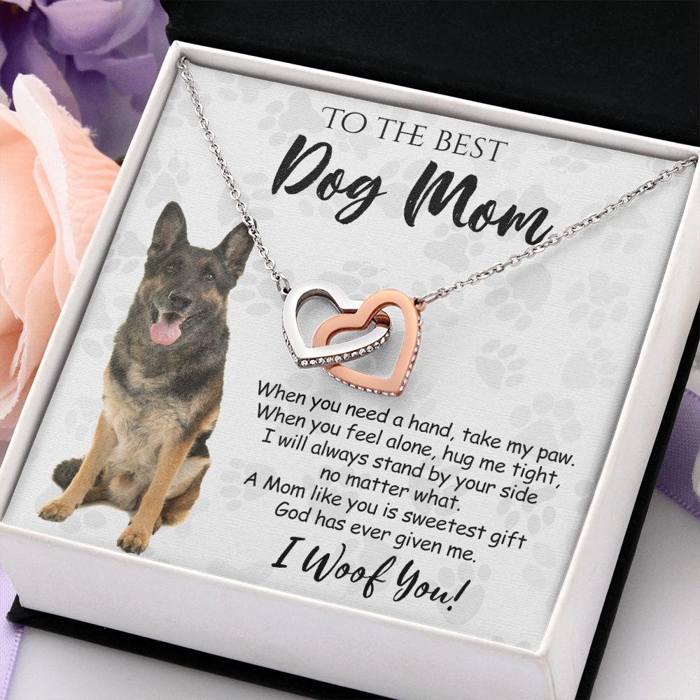 To The Best German Shepherd Dog Mom Knot Necklace Mother's Day Gift , I Woof You Quote Gift Card, Message Card Jewelry For Dog Lovers, Necklace For Mom Interlocking Hearts Necklace