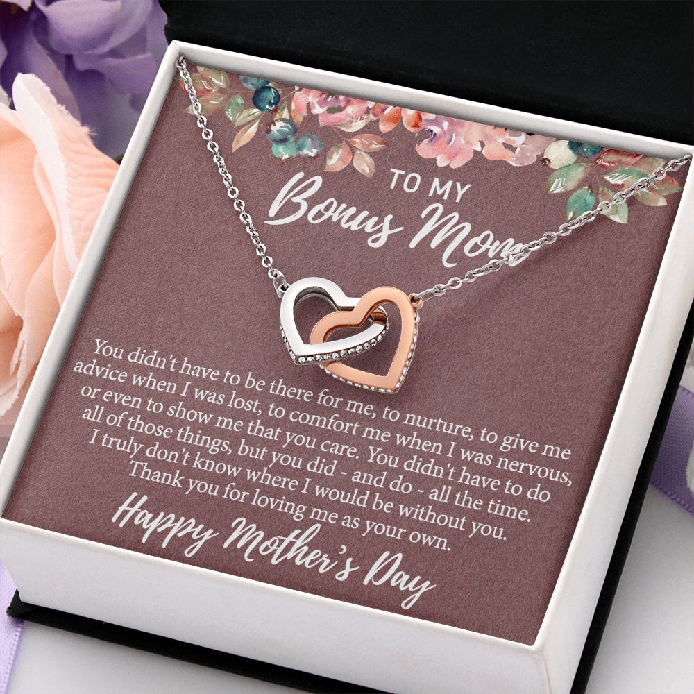 To My Bonus Mom Necklace, Gift for Bonus Mother From Bonus Daughter to Stepmom Jewelry Gift for Mother's Day, Valentine's, Birthday, Anniversary Interlocking Hearts Necklace