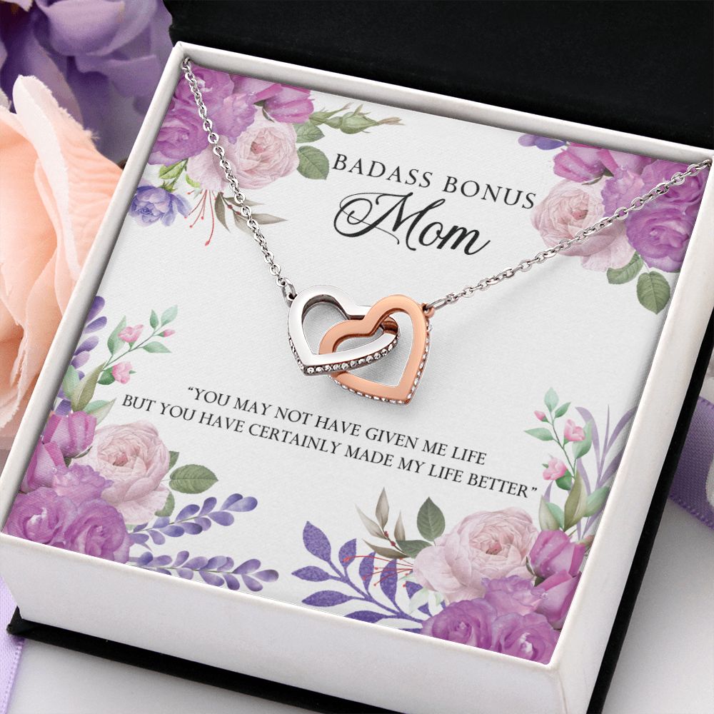 To My Badass Bonus Mom Necklace Pendant Gift From Daughter Or Son Necklace For To Mommy, Mother, Mother In Law Gift On Birthday, Anniversary Holiday Gift 30821 Interlocking Hearts Necklace