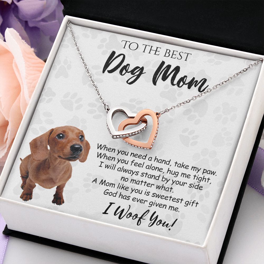 To The Best Dachshund Dog Mom Knot Necklace Mother's Day Gift , I Woof You Quote Gift Card, Message Card Jewelry For Dog Lovers, Necklace For Mom Interlocking Hearts Necklace