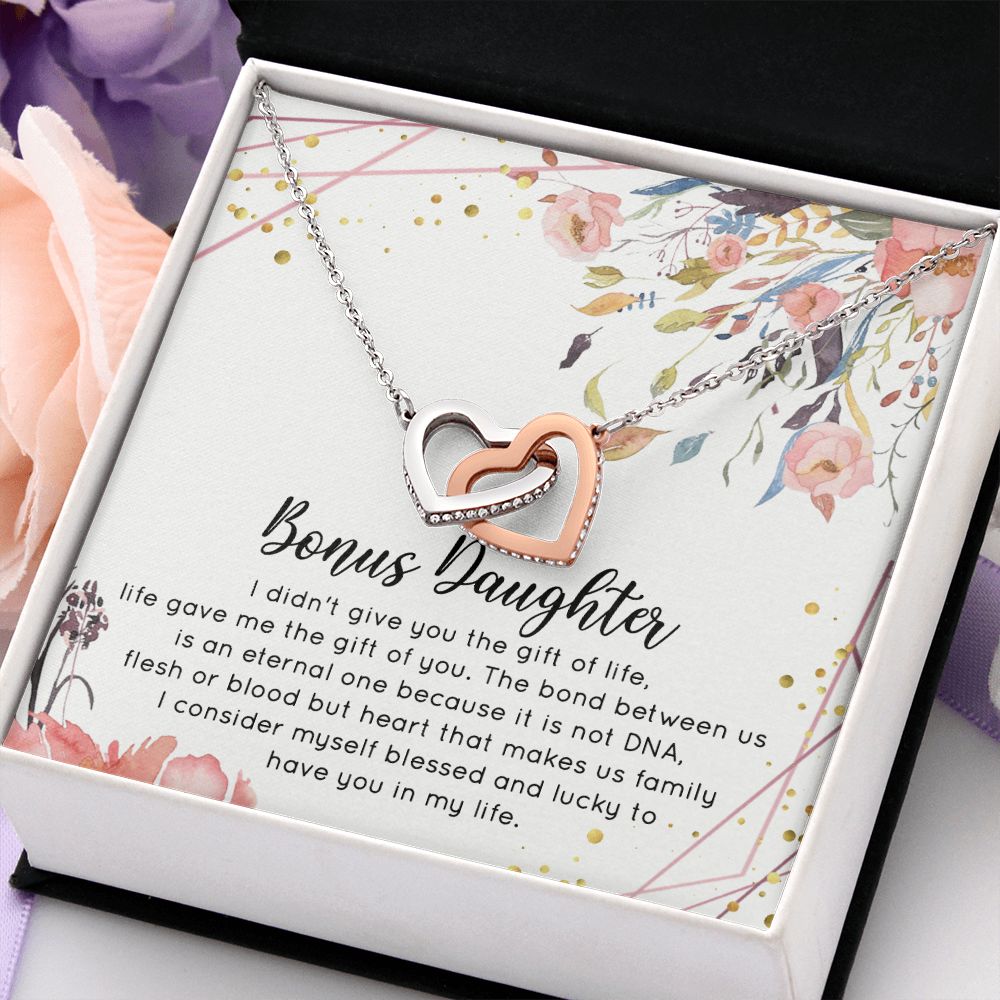 Bonus Daughter Gifts From Stepdad, Step Daughter Gifts From Stepmom, Stepdaughter Gifts From Stepdad, Father Stepdaughter Necklace, To My Bonus Daughter Necklaces, Christmas Gifts For Bonus2 Interlocking Hearts Necklace