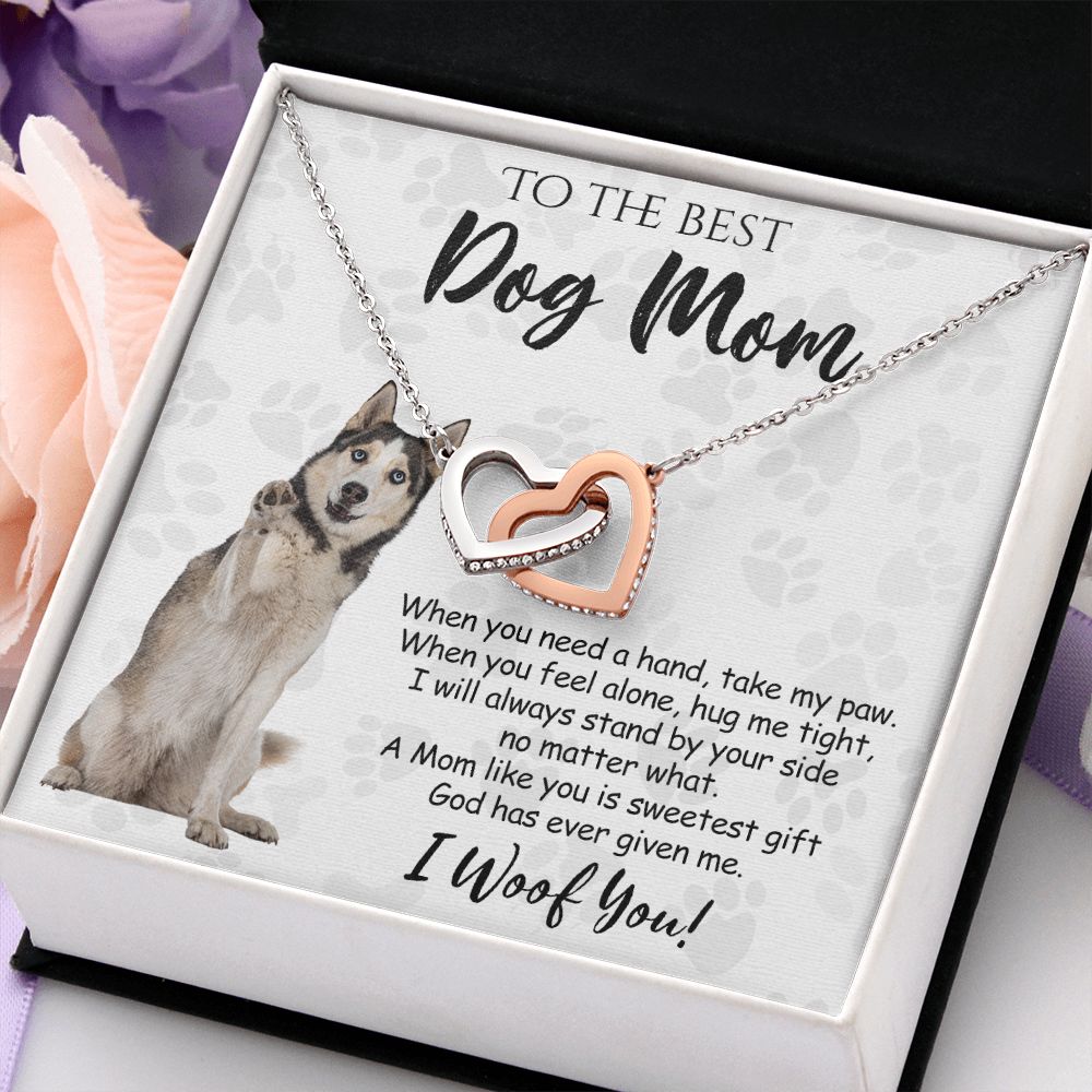 To The Best Husky Dog Mom Knot Necklace Mother's Day Gift , I Woof You Quote Gift Card, Message Card Jewelry For Dog Lovers, Necklace For Mom Interlocking Hearts Necklace