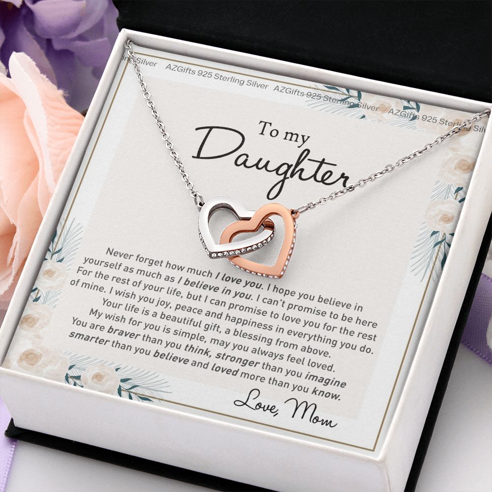 To my Beautiful Daughter Necklace With Thoughtful Card Box Gifts for Daughter from Mom Mother Daughter Gifts Jewelry for Daughter Present for Birthday Anniversary Christmas Interlocking Hearts Necklace