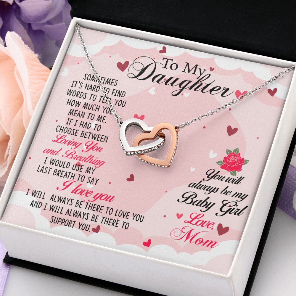 To my Daughter Necklace Pendant Gift From Mom Loving You And Breathing With Message Card Gift Box Gift For To Daughter, Daughter In Law On Birthday Anniversary Interlocking Hearts Necklace