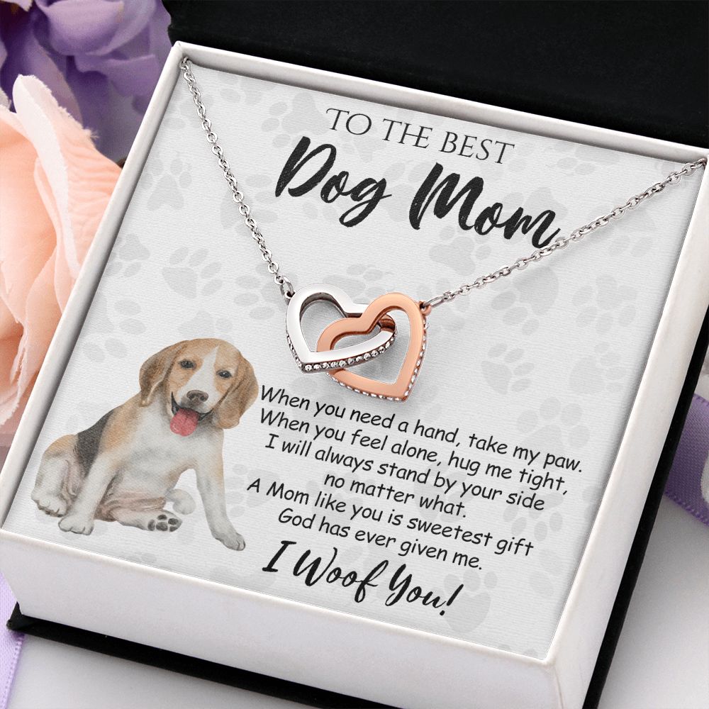 To The Best Beagle Dog Mom Knot Necklace Mother's Day Gift , I Woof You Quote Gift Card, Message Card Jewelry For Dog Lovers, Necklace For Mom Interlocking Hearts Necklace