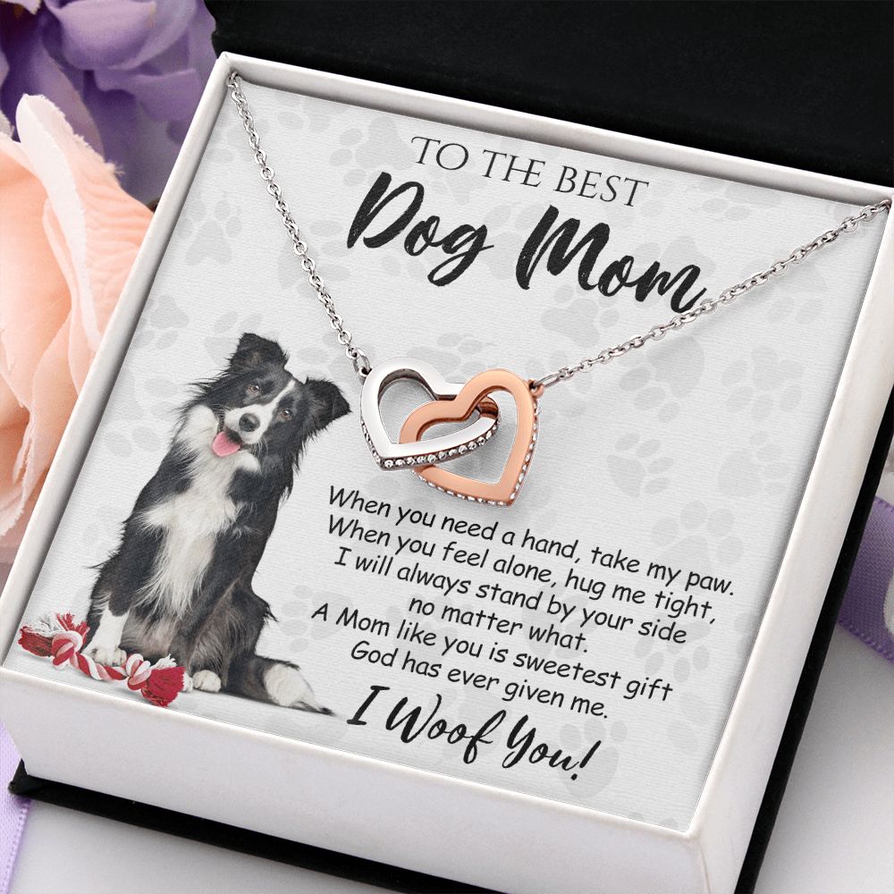To The Best Border Collie Dog Mom Knot Necklace Mother's Day Gift , I Woof You Quote Gift Card, Message Card Jewelry For Dog Lovers, Necklace For Mom Interlocking Hearts Necklace