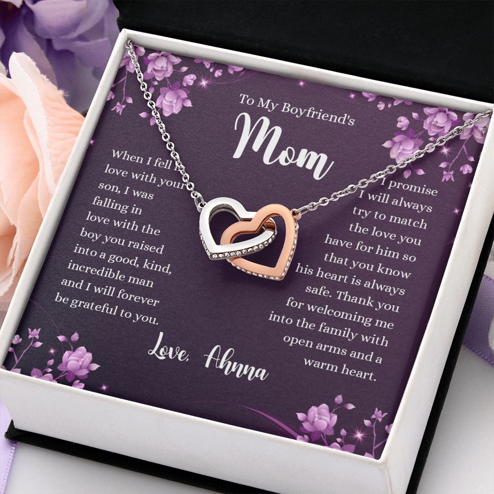 To My Boyfriends Mom Necklace with Message Card Jewelry Custom Card Necklace for Boyfriends Moms Birthday Gift For Boyfriend’s Mom, Mother’s Day Gift Jewelry for Boyfriends Mom Interlocking Hearts Necklace