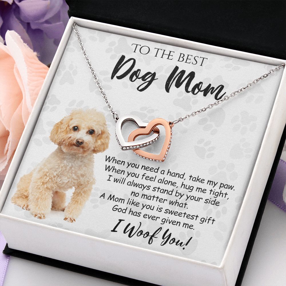 To The Best Poodle Dog Mom Knot Necklace Mother's Day Gift , I Woof You Quote Gift Card, Message Card Jewelry For Dog Lovers, Necklace For Mom Interlocking Hearts Necklace