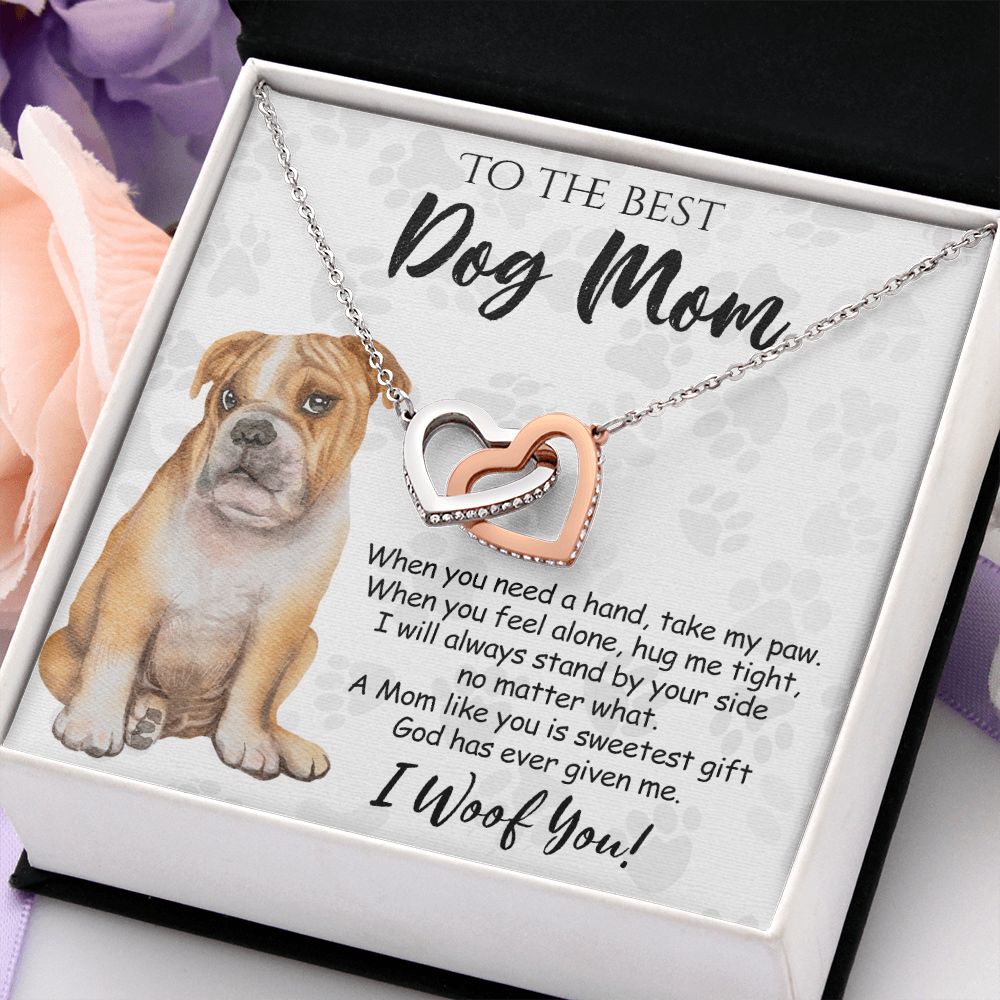 To The Best BullDog Mom Knot Necklace Mother's Day Gift , I Woof You Gift Card, Message Card Jewelry For Dog Lovers, Necklace For Mom Interlocking Hearts Necklace