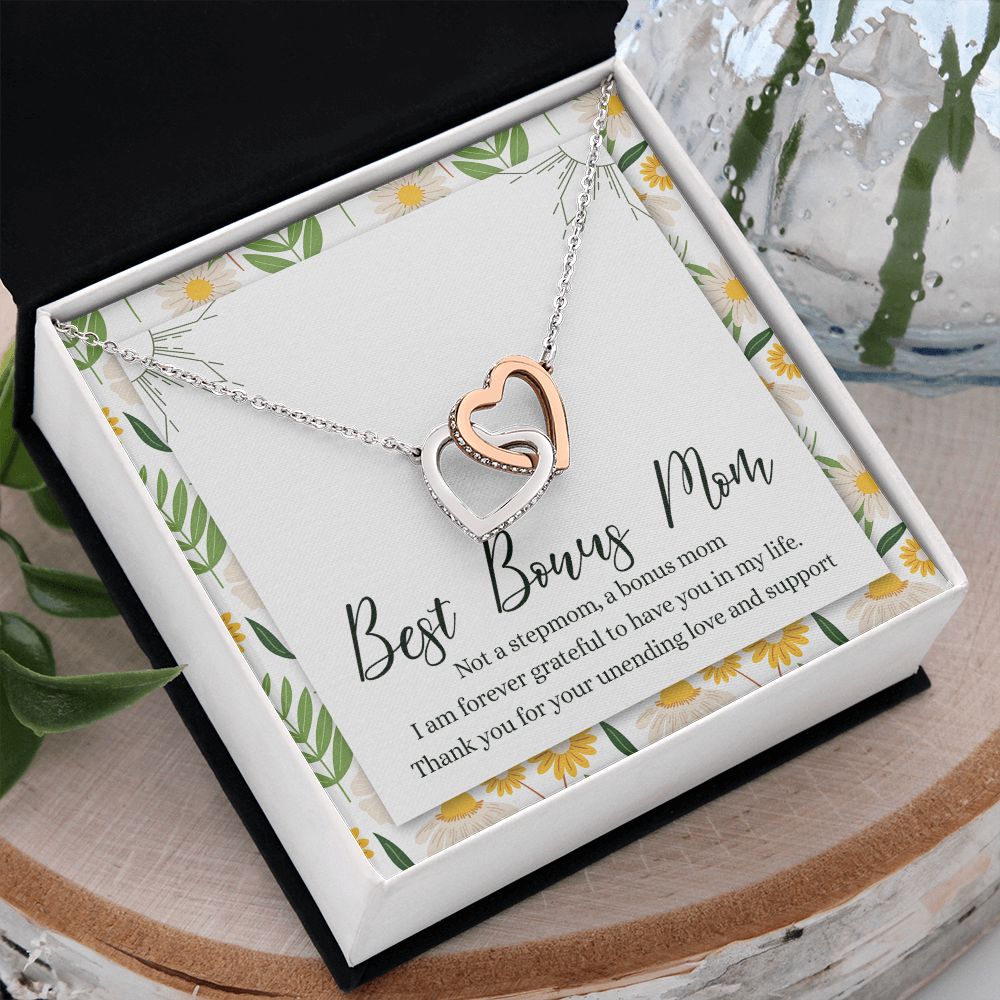 To My Best Bonus Mom Necklace Message Card, Jewelry for Bonus Mom Gift, Step Mom Wedding Gift for Stepmother Of The Bride Gift Thank You For Bonus Mom Necklace for Stepmom Wedding Gift Interlocking Hearts Necklace
