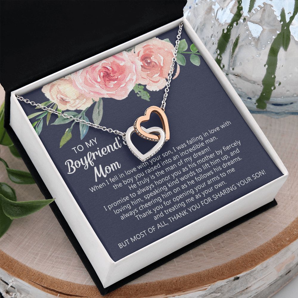 Personalized Gift for Boyfriends Mom, Boyfriends Mom Gift, Message Card Jewelry, To My Boyfriend's Mom Necklace with Message Card, Birthday Mother's Day Necklace for Boyfriend Mother Interlocking Hearts Necklace