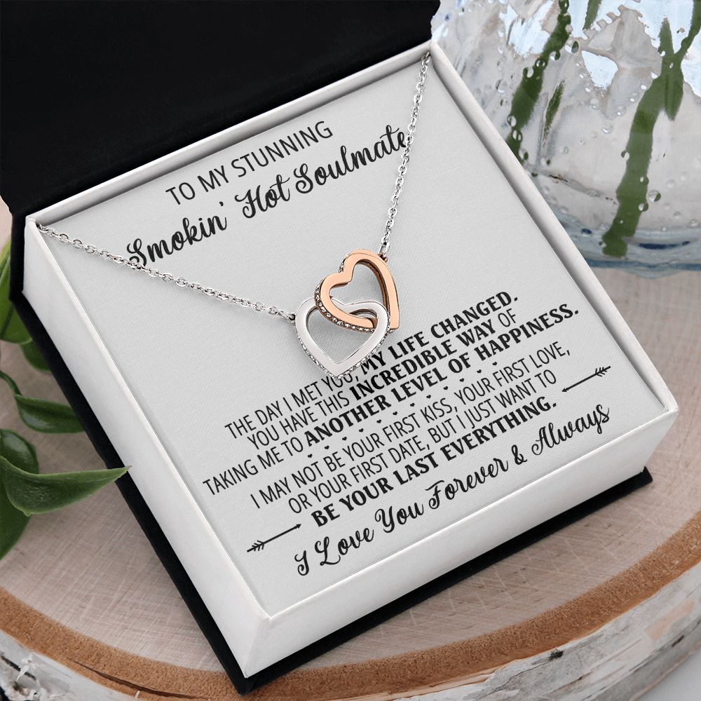 To My Smokin Hot Soulmate Necklace - Wife Gifts From Husband To My Wife Necklace, Gift for Her Romantic, Girlfriend Gifts Necklace for Wife from Men Includes Message Card and Gift Box 1 Interlocking Hearts Necklace